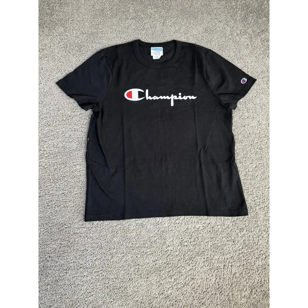 Champion Shirt Mens L Black Script Logo Graphic Crew Neck Cotton Jersey - Picture 1 of 9